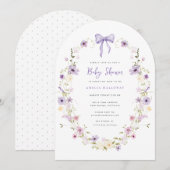 Paarse Bow Wildflower Arch Baby shower Uitnodiging (Voorkant / Achterkant)