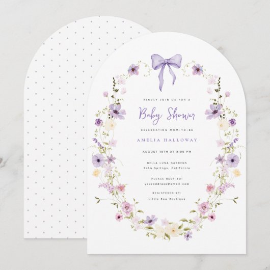 Paarse Bow Wildflower Arch Baby shower Uitnodiging (Voorkant / Achterkant)