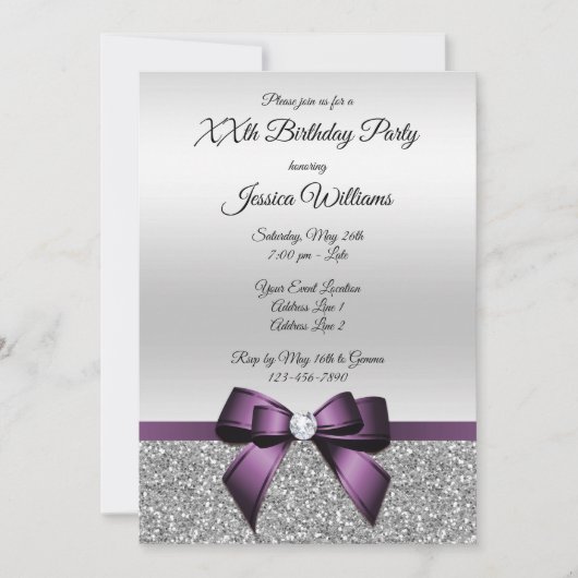  Paarse Bow & Zilveren Glitters Birthday Kaart (Voorkant)