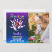 Paarse Bowling Birthday Uitnodigingen met foto (Voorkant)