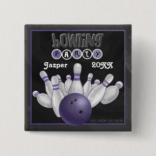 Paarse Bowling Party Vierkante Button 5,1 Cm