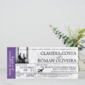 Paarse Brazilië Bruiloft Boarding Pass Uitnodiging (Staand voorkant)