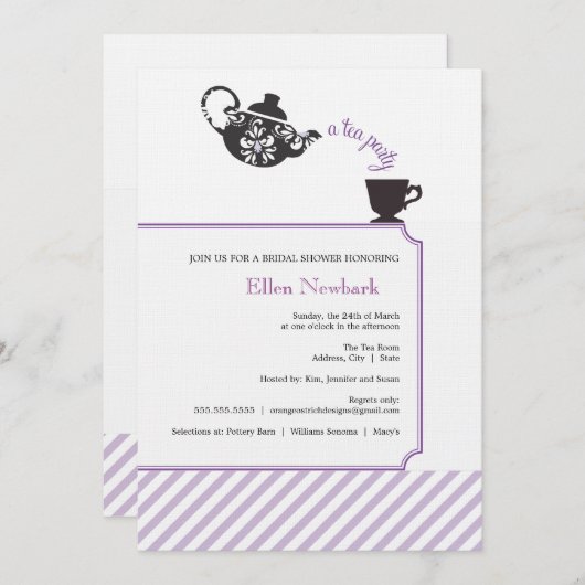 Paarse Bridal Shower Invitation - Tea Kaart (Voorkant / Achterkant)