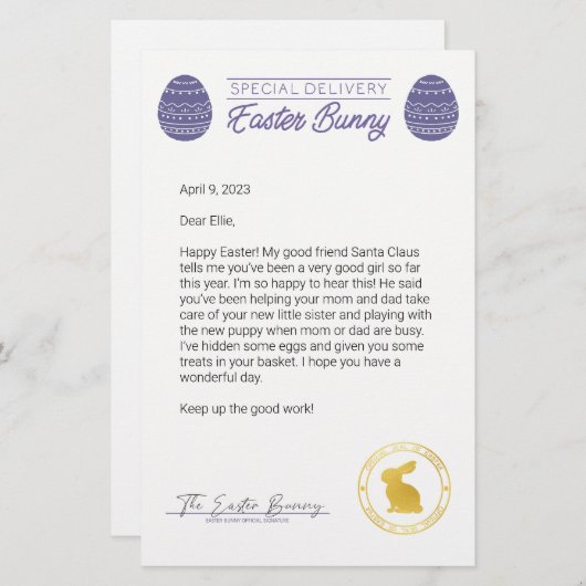 Paarse brief van de paashaas (Voorkant / Achterkant)