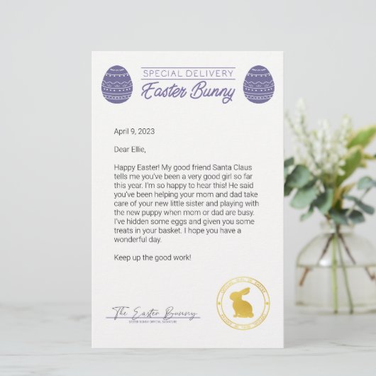 Paarse brief van de paashaas (Staand voorkant)