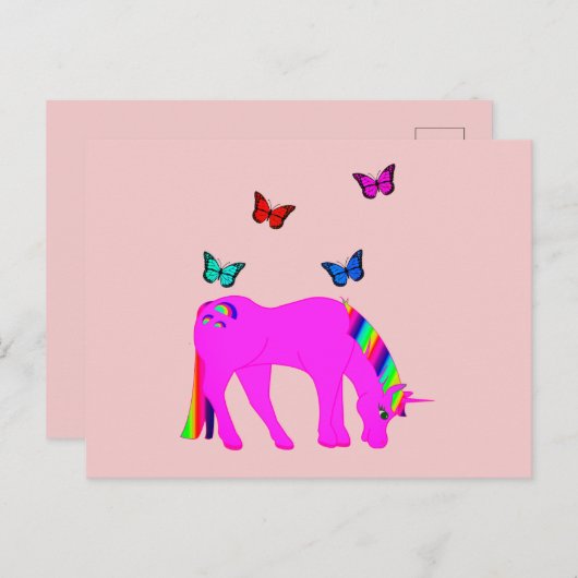 Paarse Briefkaart Unicorn & Butterflies (Voorkant / Achterkant)