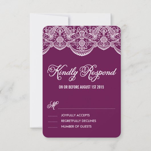 Paarse Brocade Lace Wedding RSVP Kaart (Voorkant)