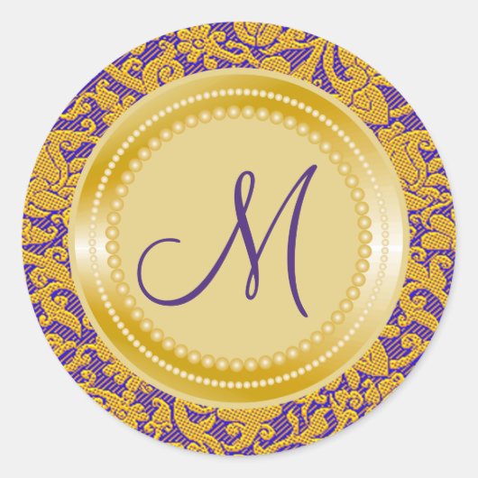 Paarse Brocade Patroon Gouden Huwelijk Monogram Ronde Sticker (Voorkant)
