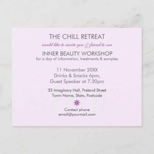 Paarse brochure over mooie werkshop uitnodiging briefkaart (Achterkant)