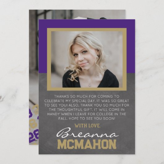 Paarse & Bronze Afstuderen 2 Foto Dank u kaart (Voorkant / Achterkant)