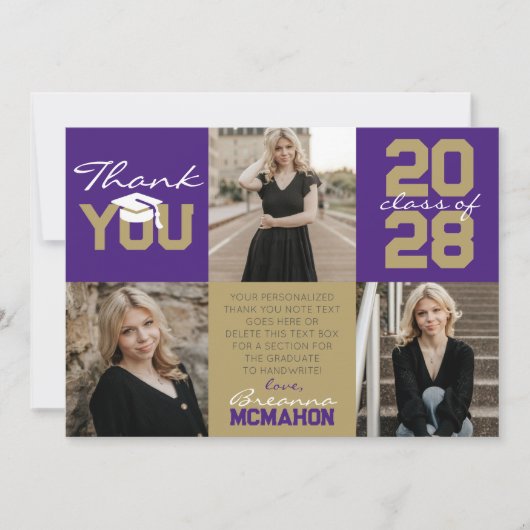 Paarse & Bronze Gold 3 Foto Afstuderen Dank u Kaart (Voorkant)