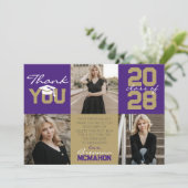 Paarse & Bronze Gold 3 Foto Afstuderen Dank u Kaart (Staand voorkant)