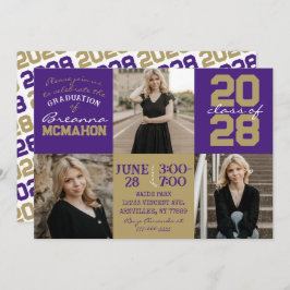 Paarse & Bronze Gold 3 Foto Afstuderen Uitnodiging