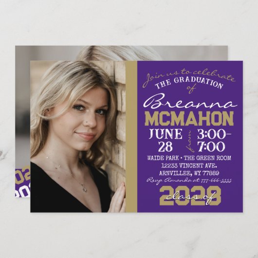 Paarse & Bronze Goud Afstuderen 2 Fotouitnodiging Kaart (Voorkant / Achterkant)