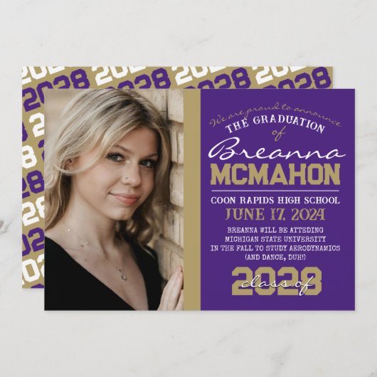 Paarse & bronzen gouden Afstuderen foto aankondigi Kaart (Voorkant / Achterkant)