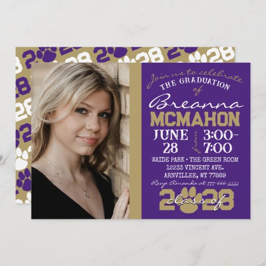 Paarse & Bronzen Pawprint Afstuderen Foto Kaart (Voorkant / Achterkant)