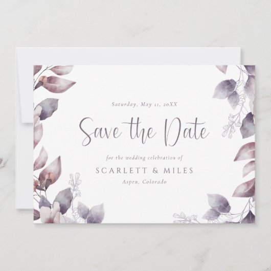 Paarse bruiloft bespaart de datum save the date (Voorkant)