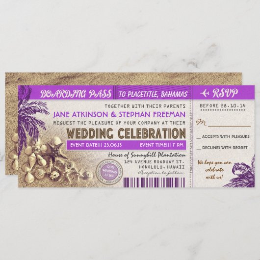 paarse bruiloft boarding pass tickets kaart (Voorkant / Achterkant)