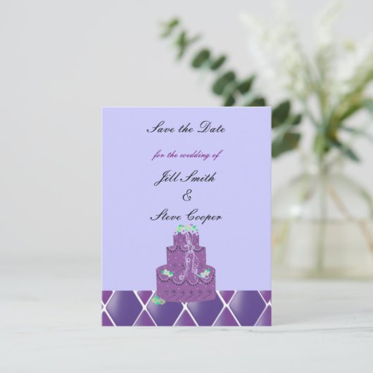 Paarse bruiloft Cake Save the Date (Staand voorkant)