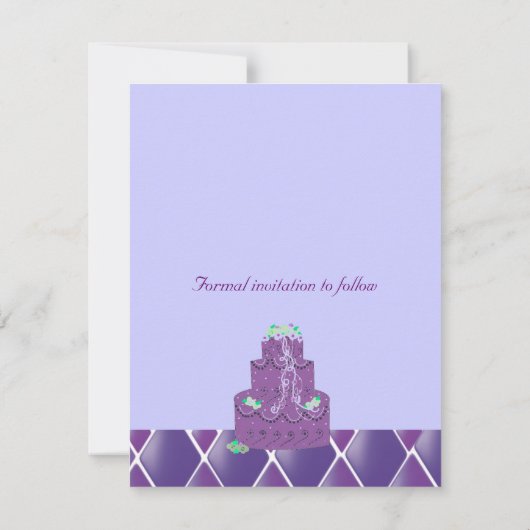 Paarse bruiloft Cake Save the Date (Achterkant)