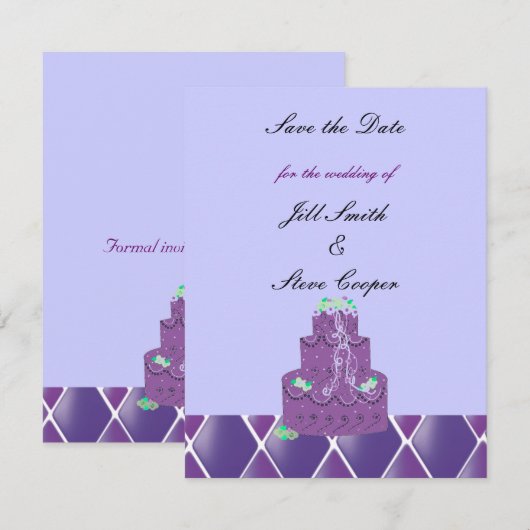 Paarse bruiloft Cake Save the Date (Voorkant / Achterkant)