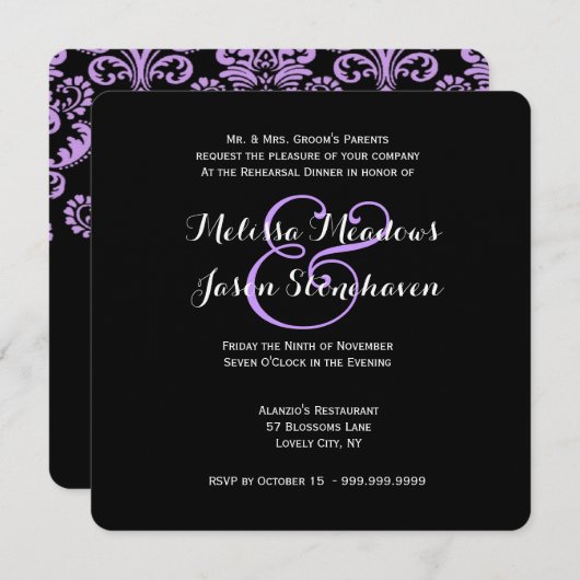 Paarse bruiloft Damask Lace Rehearsal Dinner 2 Kaart (Voorkant / Achterkant)