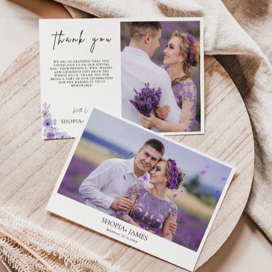 Paarse bruiloft dank u kaart