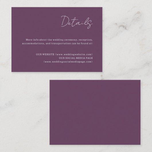 Paarse Bruiloft Details Behuizing Kaart (Voorkant / Achterkant)