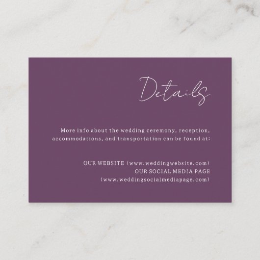 Paarse Bruiloft Details Behuizing Kaart (Voorkant)