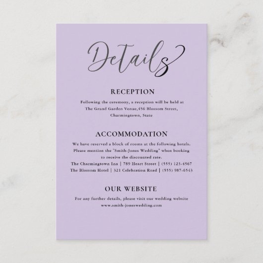 Paarse bruiloft details informatiekaartje (Voorkant)