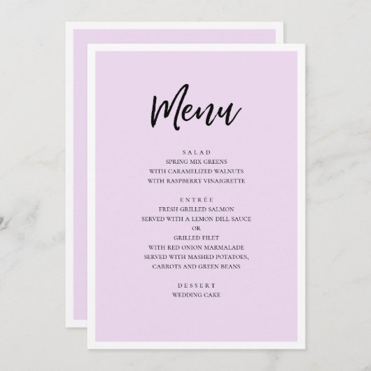 Paarse bruiloft. Eenvoudige lavendelminimalist Menu (Voorkant / Achterkant)