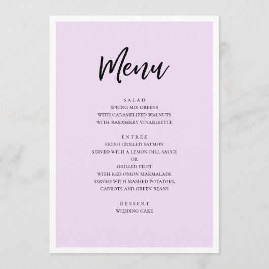 Paarse bruiloft. Eenvoudige lavendelminimalist Menu (Voorkant)