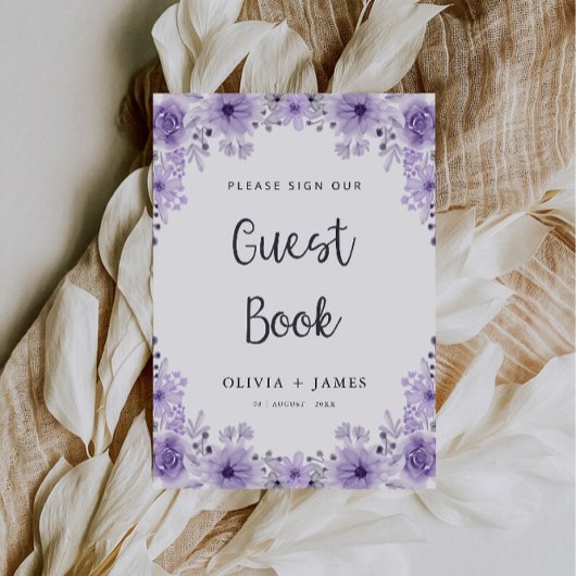 Paarse bruiloft gastenboek teken Sjabloon Kaart