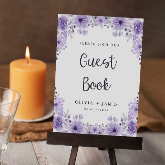 Paarse bruiloft gastenboek teken Sjabloon Kaart