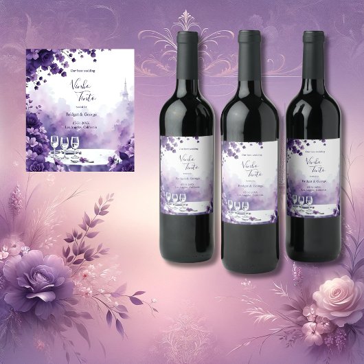 Paarse bruiloft in Parijs met Eiffeltoren Wijn Etiket