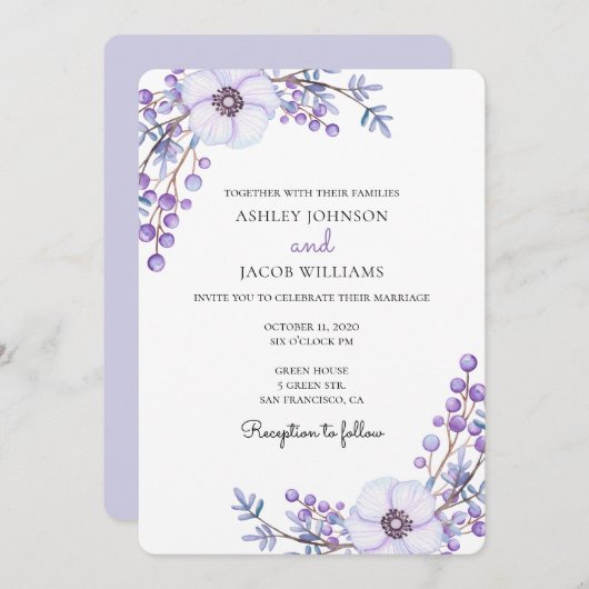 Paarse bruiloft. Lila bloemen. Bloemenuitnodiging Kaart (Voorkant / Achterkant)