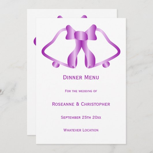 Paarse bruiloft menu bellen en lint (Voorkant / Achterkant)
