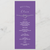Paarse bruiloft menu met naam en zilveren hart (Voorkant)