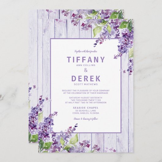 Paarse bruiloft met Lila Floral Waterverf Rustic Kaart (Voorkant / Achterkant)