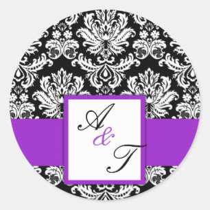Paarse bruiloft Monogram Damask Seal Ronde Sticker