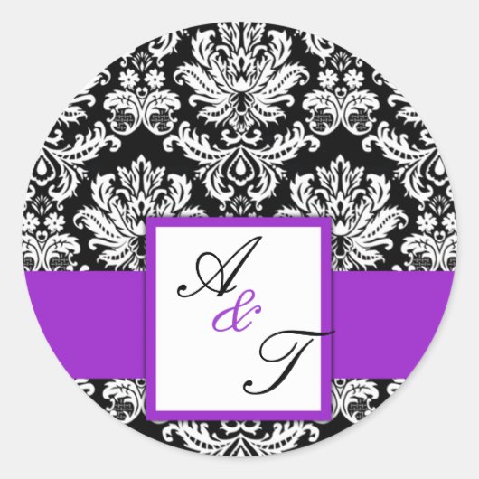 Paarse bruiloft Monogram Damask Seal Ronde Sticker (Voorkant)