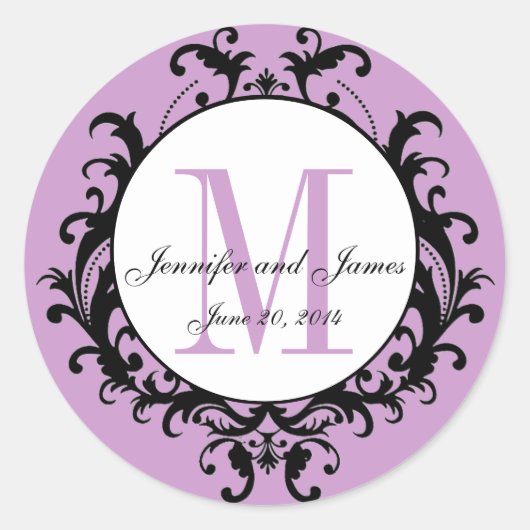 Paarse Bruiloft Monogram Namen Datum Sticker (Voorkant)