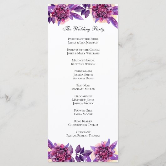 Paarse bruiloft programma. Waterverf bloemceremoni Programmakaart (Achterkant)