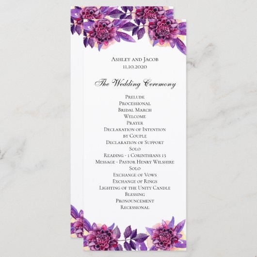 Paarse bruiloft programma. Waterverf bloemceremoni Programmakaart (Voorkant / Achterkant)