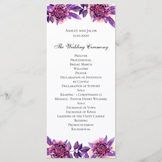 Paarse bruiloft programma. Waterverf bloemceremoni Programmakaart (Voorkant)