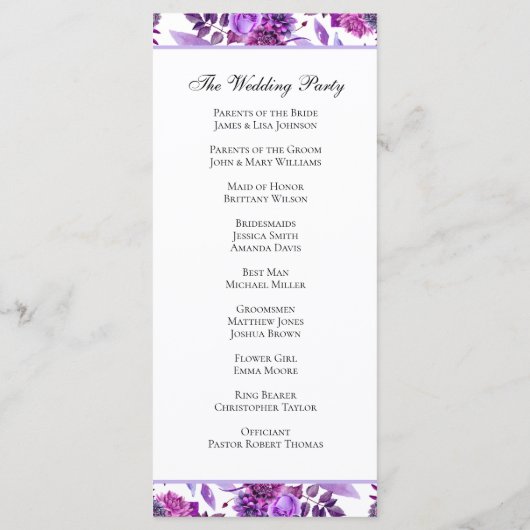 Paarse bruiloft programma. Waterverf bloemenceremo Programmakaart (Achterkant)
