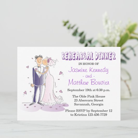 Paarse bruiloft repetitie diner bruid en bruidegom kaart (Staand voorkant)