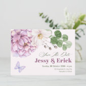 Paarse bruiloft save the date (Staand voorkant)