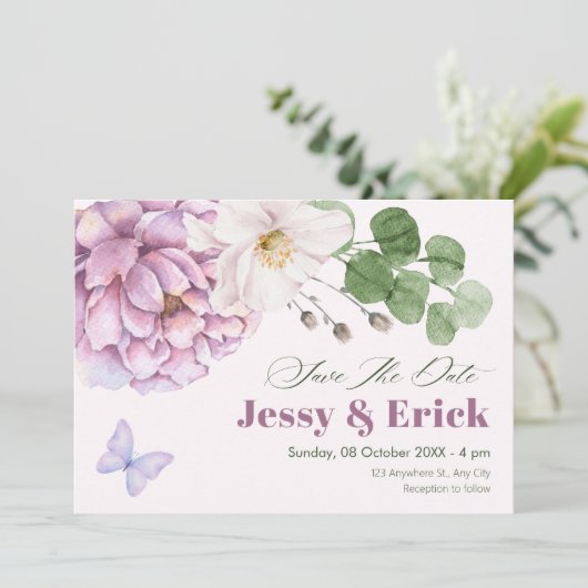 Paarse bruiloft save the date (Staand voorkant)