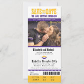 Paarse bruiloft Save the Date Football Ticket (Voorkant)